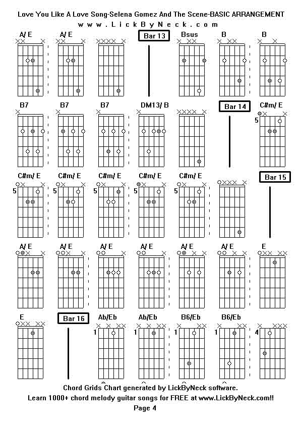 Chord Grids Chart of chord melody fingerstyle guitar song-Love You Like A Love Song-Selena Gomez And The Scene-BASIC ARRANGEMENT,generated by LickByNeck software.